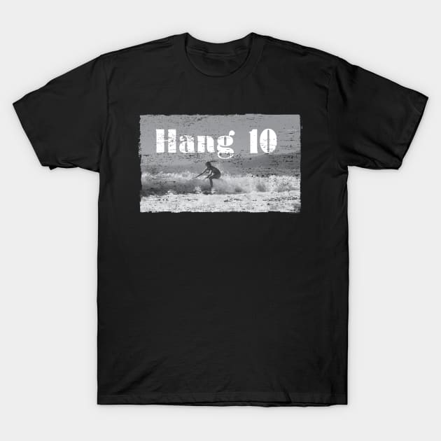 Hang 10 Surfer Riding Wave Retro Distressed T-Shirt by lucidghost